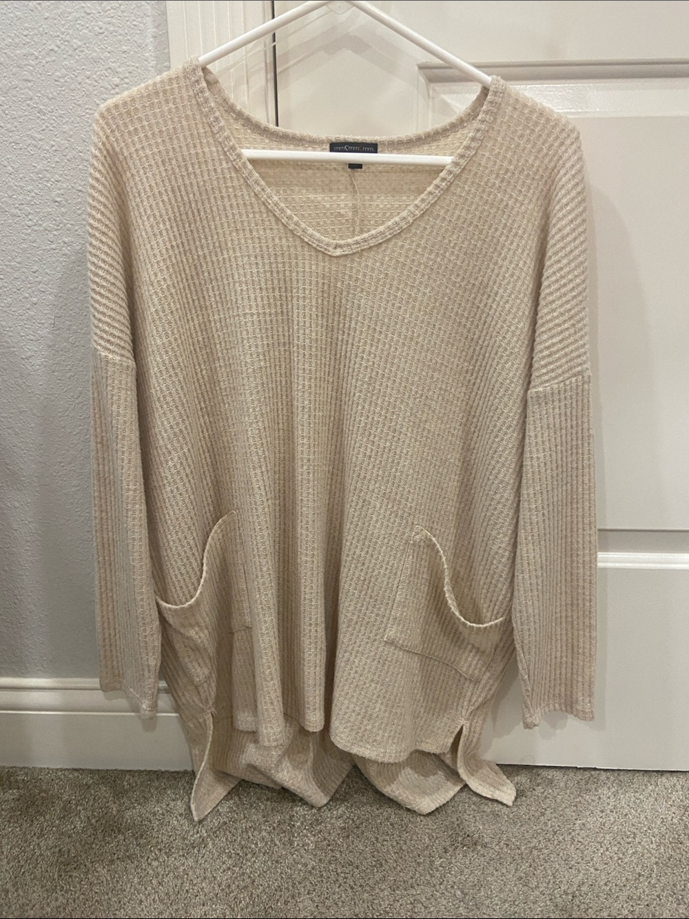 Light Cream V-Neck Waffle Knit Pocket Top